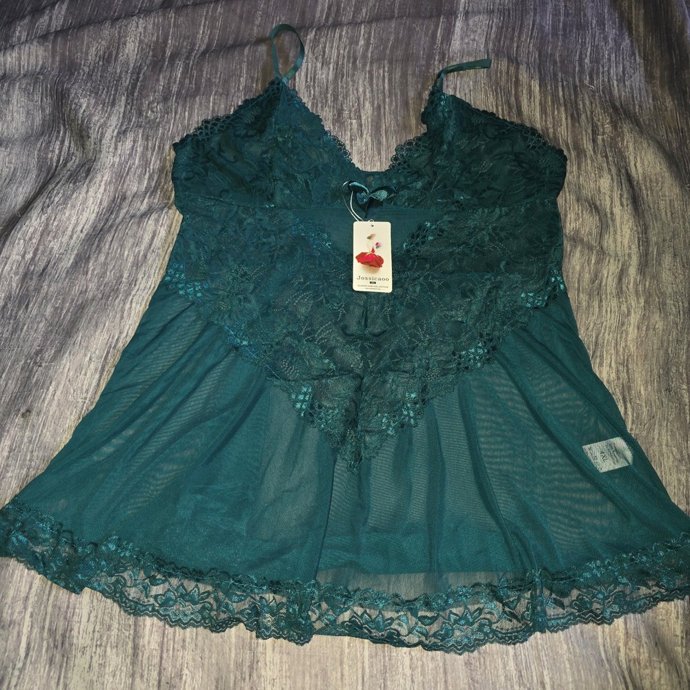 Jossicaoo Forest Green Lace Mesh Babydoll Lingerie Set Plus Size 4XL New